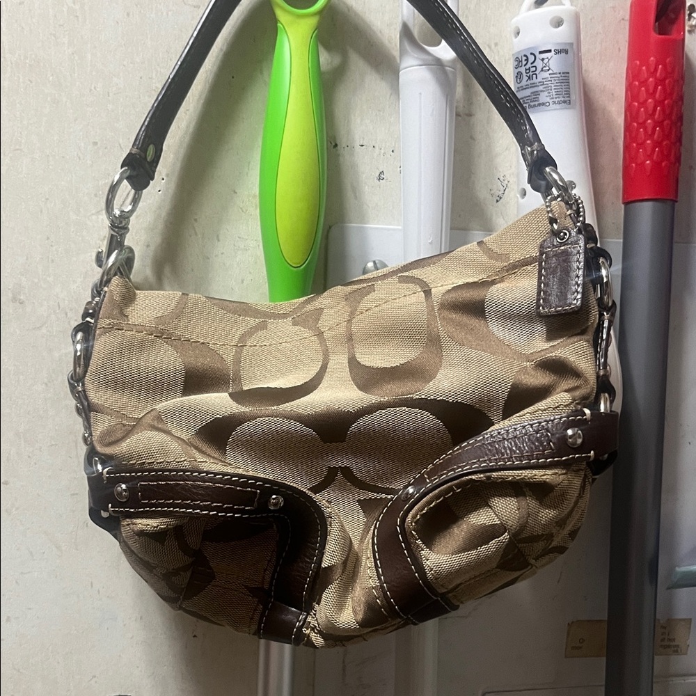 Coach Khaki Signature Canvas Shoulder Bag with Brown Trim